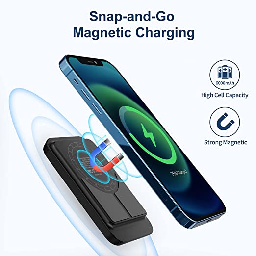 iWALK PowerGrip 6000mAh Magnetic Wireless Power Bank showing how to connect to a phone