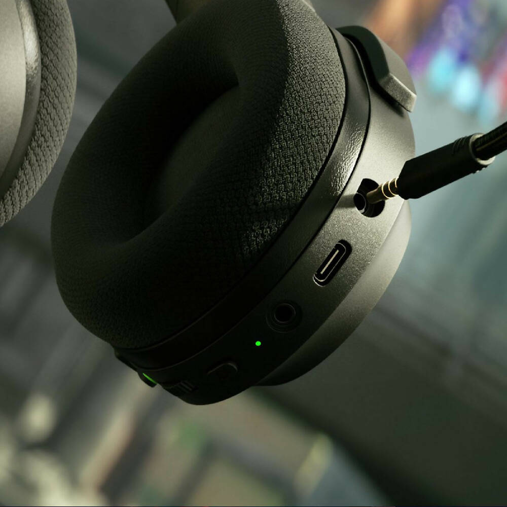 Razer Barracuda X Wireless Headset Black earpiece close up view with miic socket