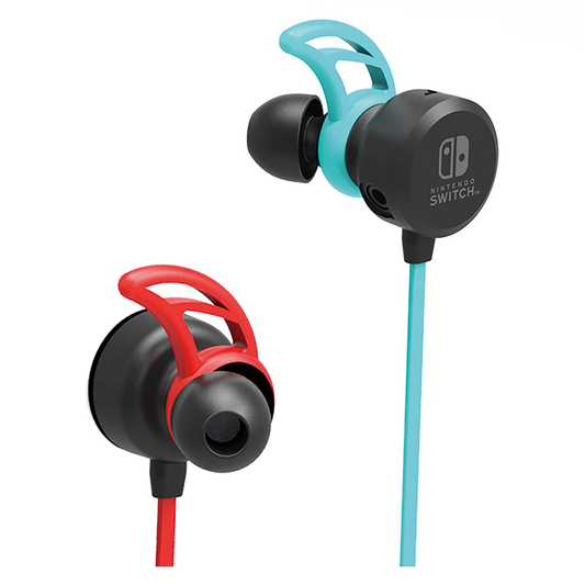 Gaming Earbuds, Hori, for Nintendo Switch Neon Blue/Red earbuds close