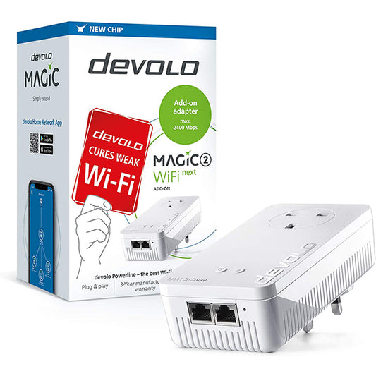 devolo magic wifi multiroom kit for powerfull wifi showing product and box