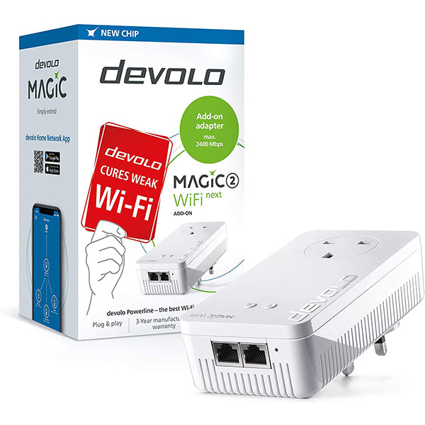 devolo magic wifi multiroom kit for powerfull wifi showing product and box