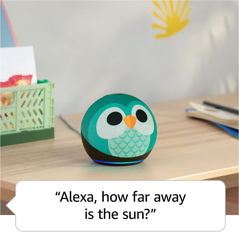 amazon echo dot 5th gen kids owl design on a desk image